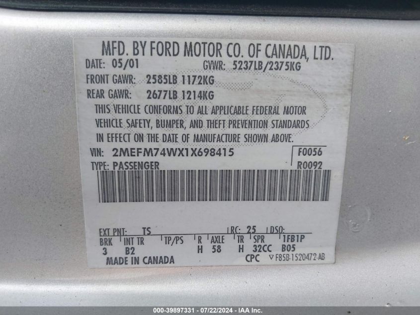 2001 Mercury Grand Marquis Gs VIN: 2MEFM74WX1X698415 Lot: 39897331