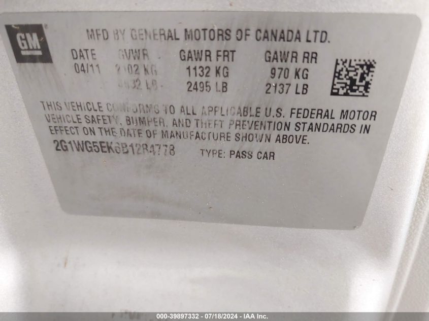 2011 Chevrolet Impala Lt VIN: 2G1WG5EK6B1284778 Lot: 39897332