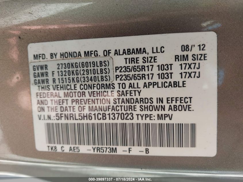 2012 Honda Odyssey Ex-L VIN: 5FNRL5H61CB137023 Lot: 39897337