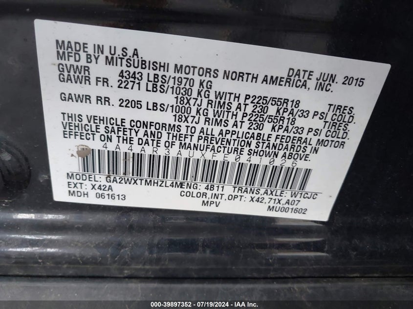 2015 Mitsubishi Outlander Sport Es VIN: 4A4AR3AUXFE041026 Lot: 39897352