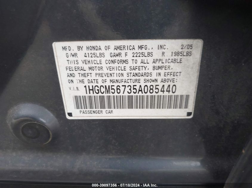 2005 Honda Accord Ex VIN: 1HGCM56735A085440 Lot: 39897356