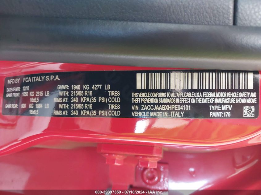 2017 Jeep Renegade Sport VIN: ZACCJAABXHPE94101 Lot: 39897359