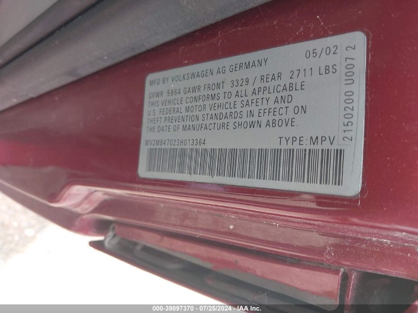 2003 Volkswagen Eurovan Mv VIN: WV2MB47023H013364 Lot: 39897370