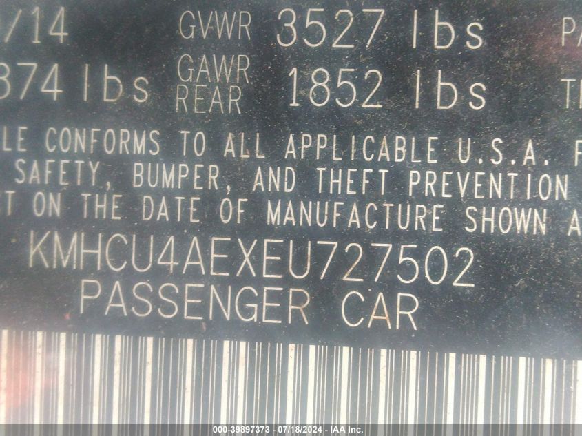 2014 Hyundai Accent Gls VIN: KMHCU4AEXEU727502 Lot: 39897373