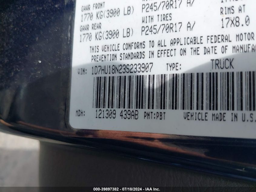 2003 Dodge Ram 1500 Slt/Laramie/St VIN: 1D7HU18N23S233907 Lot: 39897382