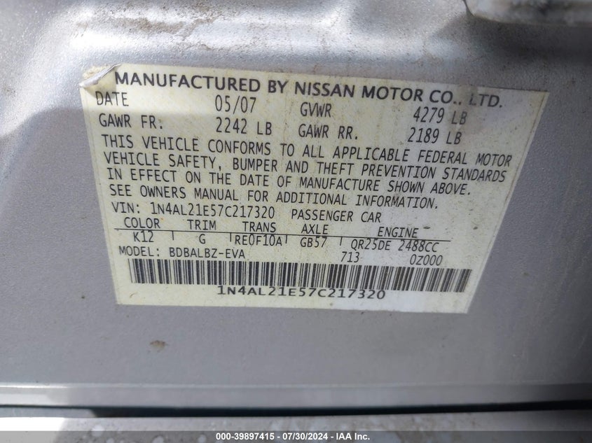 2007 Nissan Altima 2.5 S VIN: 1N4AL21E57C217320 Lot: 39897415