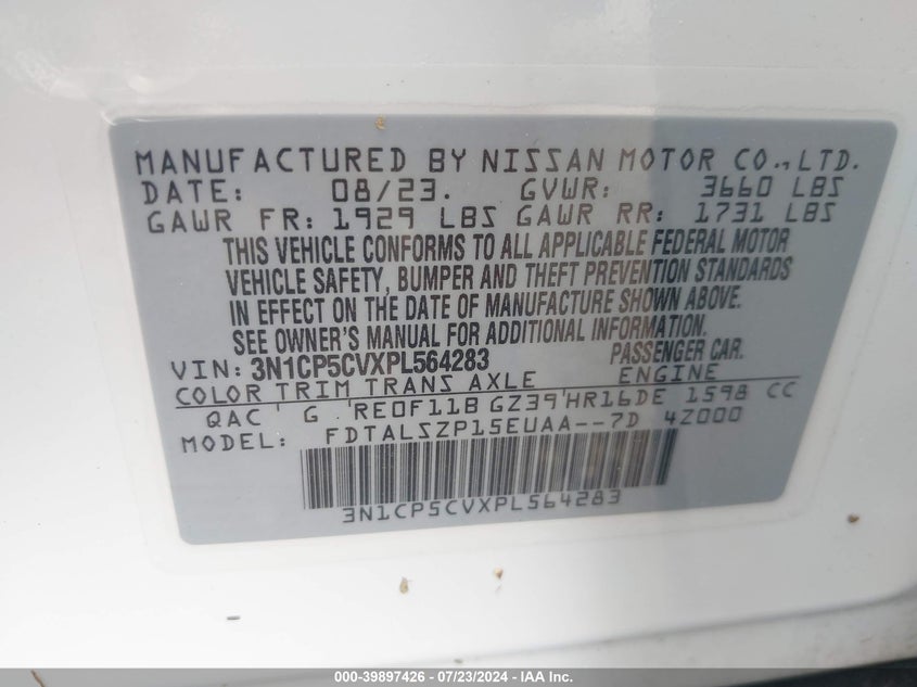 2023 Nissan Kicks Sv Xtronic Cvt VIN: 3N1CP5CVXPL564283 Lot: 39897426