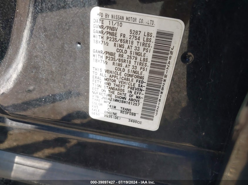 2011 Nissan Murano S VIN: JN8AZ1MW2BW161257 Lot: 39897427