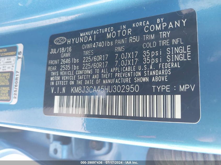 2017 Hyundai Tucson Se VIN: KM8J3CA45HU302950 Lot: 39897436