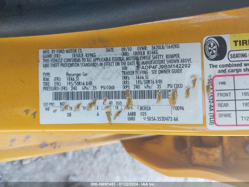 2011 Ford Fiesta Ses VIN: 3FADP4FJ9BM142292 Lot: 39897451