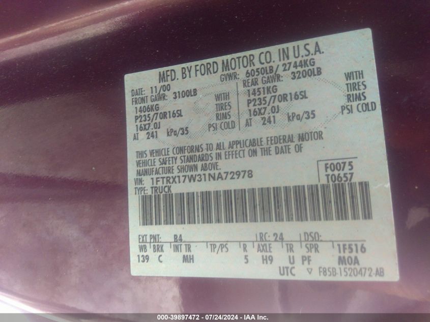2001 Ford F-150 Lariat/Xl/Xlt VIN: 1FTRX17W31NA72978 Lot: 39897472