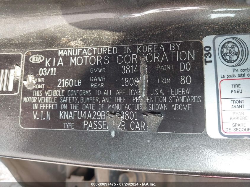 2011 Kia Forte Ex VIN: KNAFU4A29B5423801 Lot: 39897475