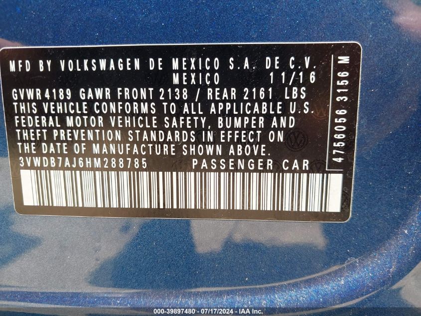 2017 Volkswagen Jetta 1.4T Se VIN: 3VWDB7AJ6HM288785 Lot: 39897480