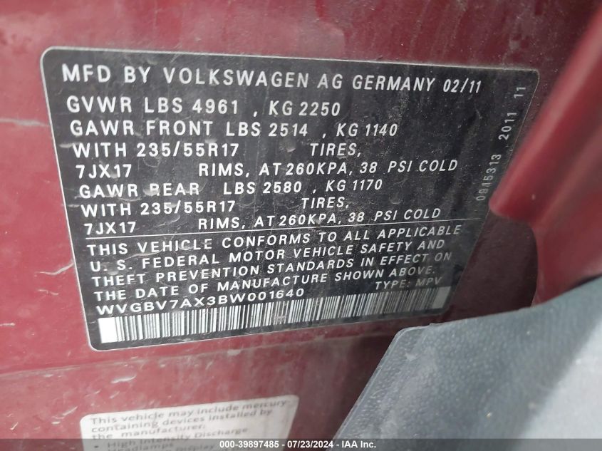 2011 Volkswagen Tiguan Se VIN: WVGBV7AX3BW001640 Lot: 39897485