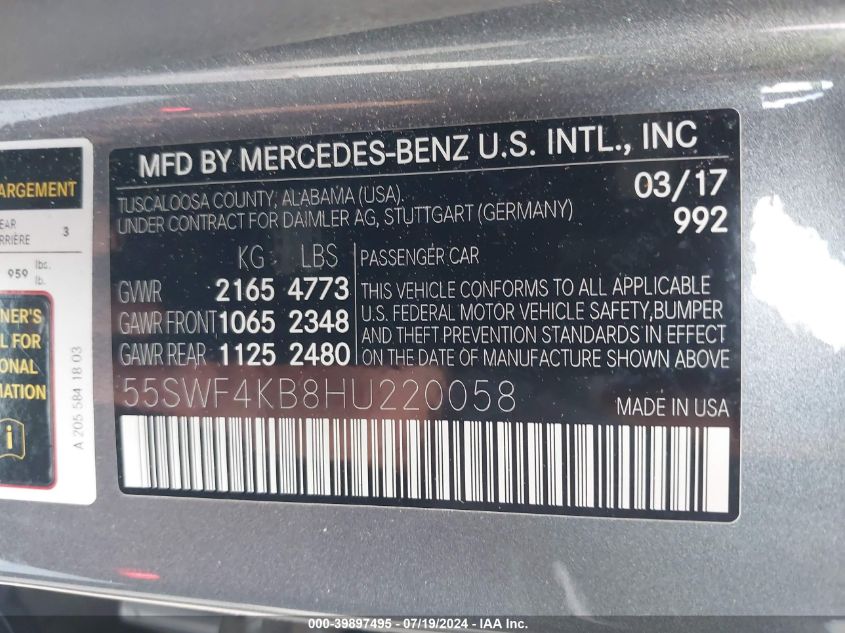 2017 Mercedes-Benz C 300 4Matic/Luxury 4Matic/Sport 4Matic VIN: 55SWF4KB8HU220058 Lot: 39897495