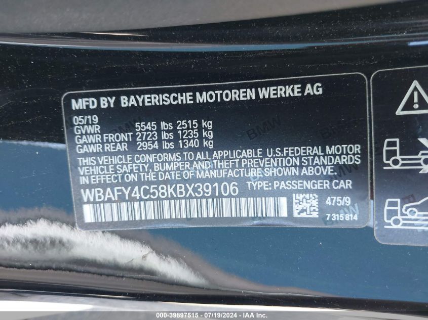 WBAFY4C58KBX39106 2019 BMW M850I xDrive