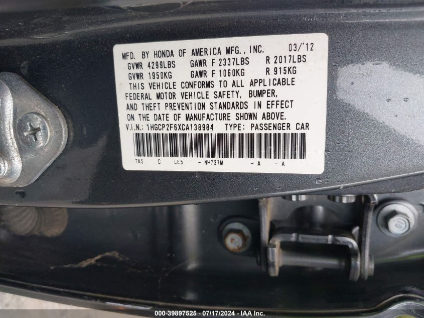 1HGCP2F6XCA138984 | 2012 HONDA ACCORD