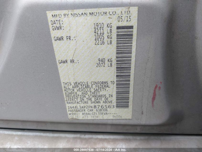 1N4AL3AP2FN876563 2015 Nissan Altima 2.5 S