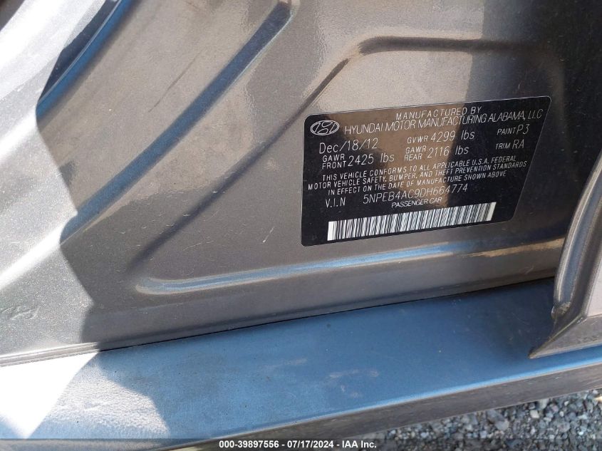 2013 Hyundai Sonata Gls VIN: 5NPEB4AC9DH664774 Lot: 39897556