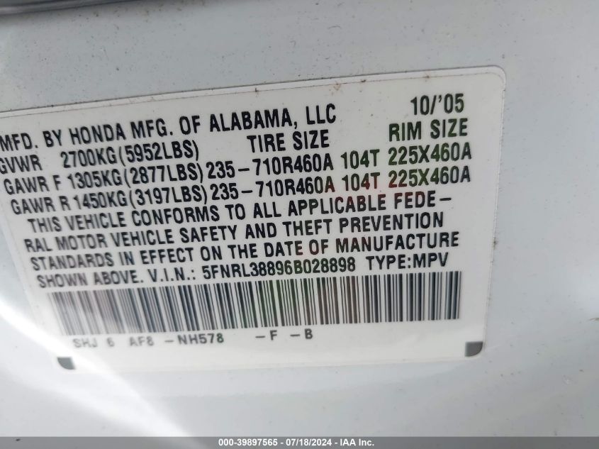 2006 Honda Odyssey Touring VIN: 5FNRL38896B028898 Lot: 39897565