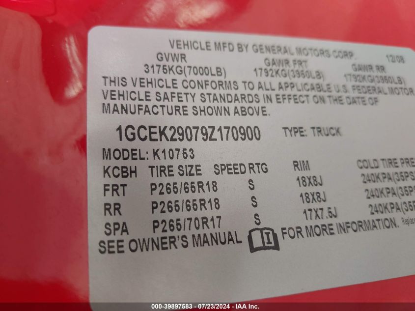 2009 Chevrolet Silverado 1500 Lt VIN: 1GCEK29079Z170900 Lot: 39897583