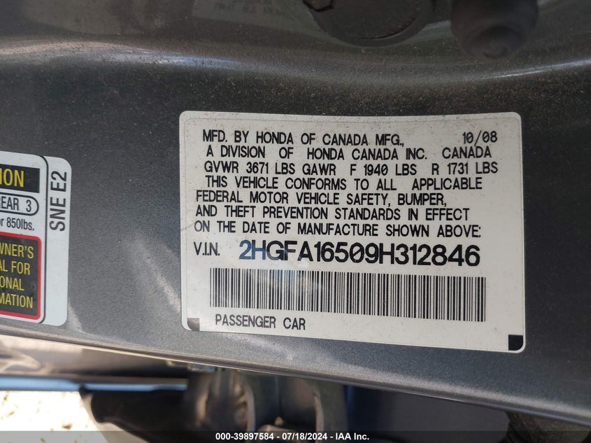 2009 Honda Civic Lx VIN: 2HGFA16509H312846 Lot: 39897584