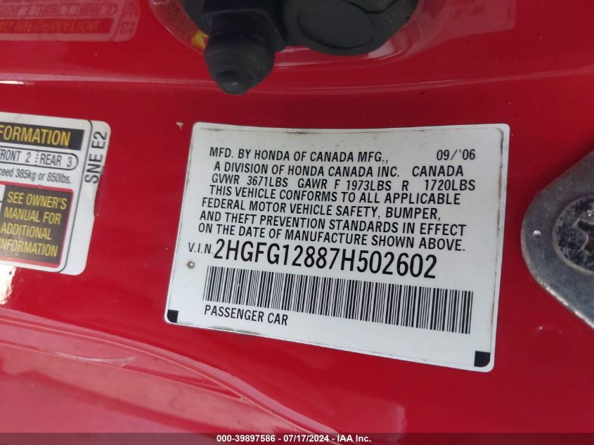 2007 Honda Civic Ex VIN: 2HGFG12887H502602 Lot: 39897586