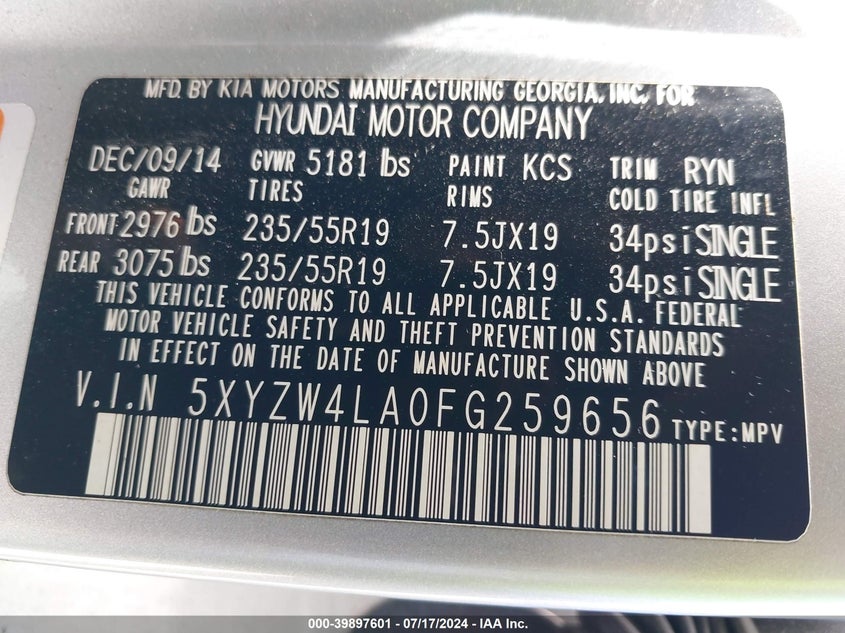 2015 Hyundai Santa Fe Sport 2.0L Turbo VIN: 5XYZW4LA0FG259656 Lot: 39897601