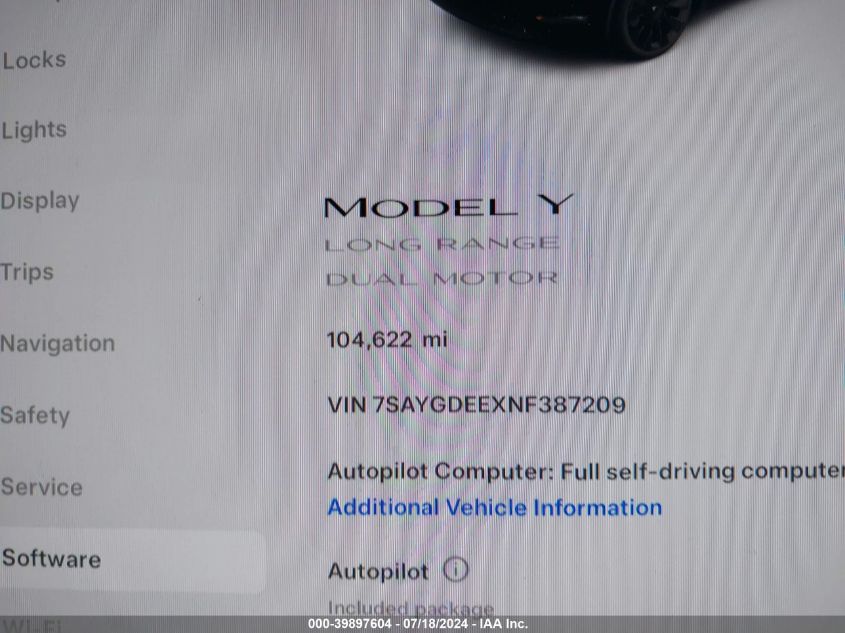 2022 Tesla Model Y Long Range Dual Motor All-Wheel Drive VIN: 7SAYGDEEXNF387209 Lot: 39897604