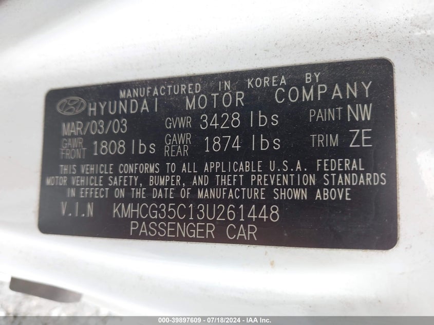 2003 Hyundai Accent Gl VIN: KMHCG35C13U261448 Lot: 39897609