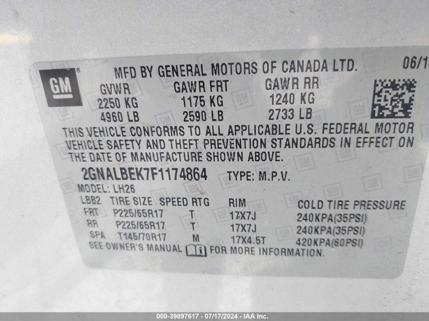 2015 Chevrolet Equinox 1Lt VIN: 2GNALBEK7F1174864 Lot: 39897617