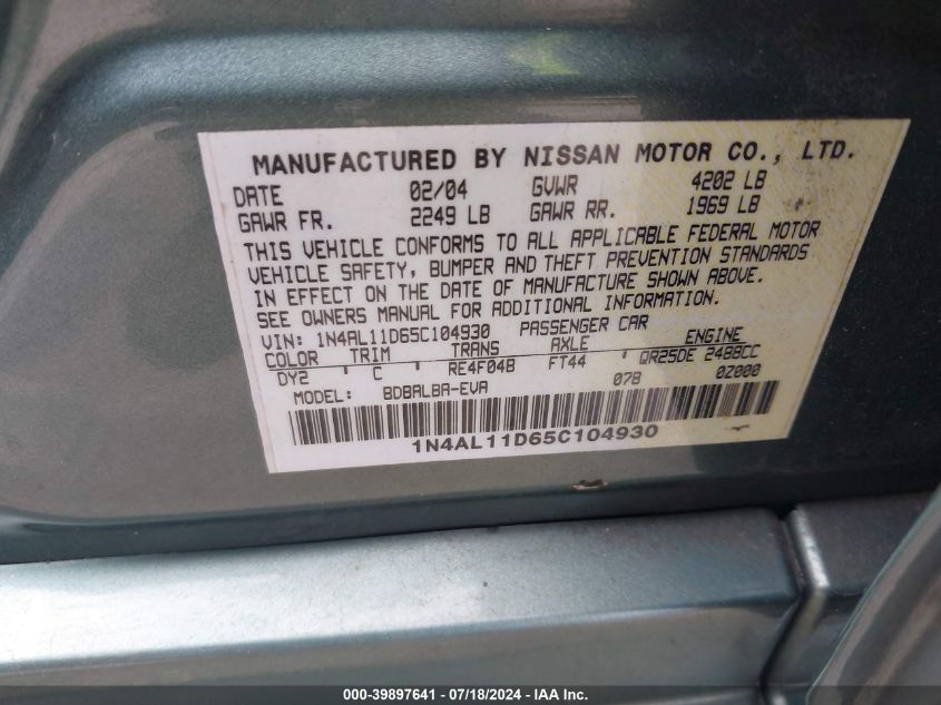 2005 Nissan Altima 2.5 S VIN: 1N4AL11D65C104930 Lot: 39897641