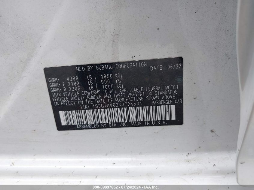 2022 Subaru Impreza Premium 5-Door VIN: 4S3GTAV62N3724531 Lot: 39897662