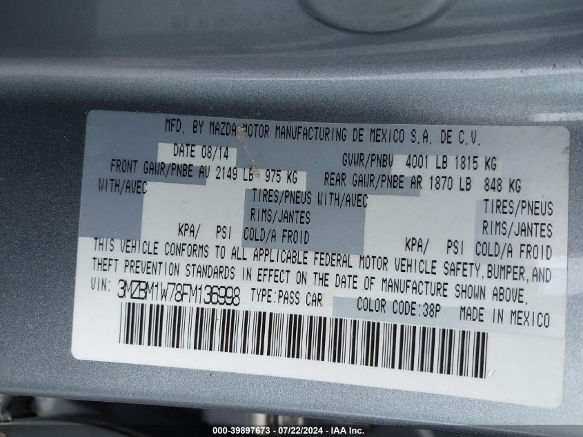 2015 Mazda Mazda3 I Grand Touring VIN: 3MZBM1W78FM136998 Lot: 39897673