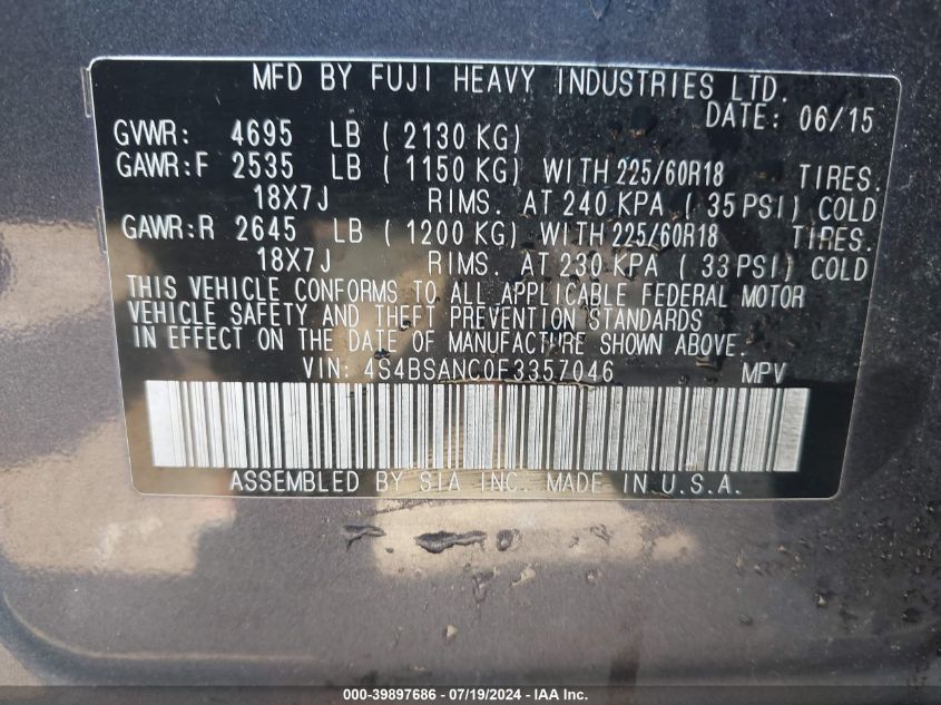 2015 Subaru Outback 2.5I Limited VIN: 4S4BSANC0F3357046 Lot: 39897686