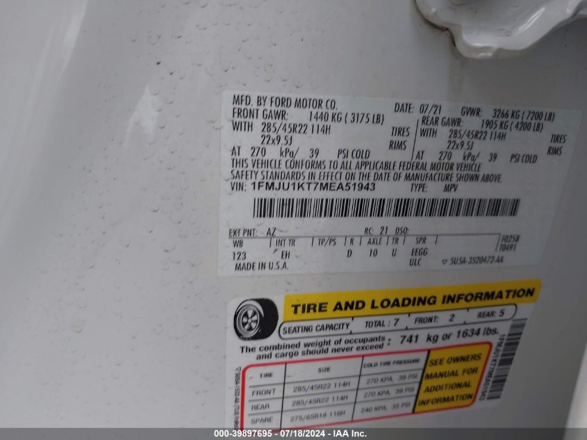 1FMJU1KT7MEA51943 2021 Ford Expedition Limited