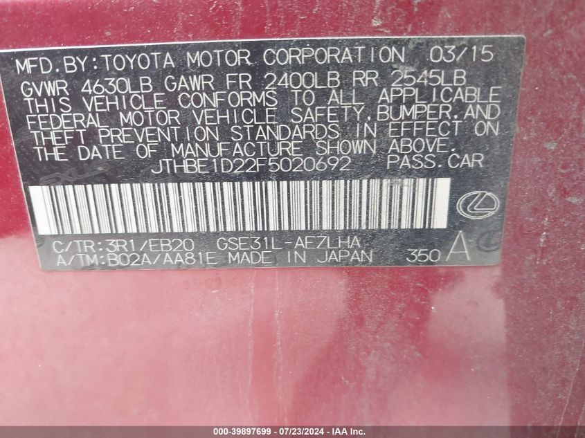 2015 LEXUS IS 350 - JTHBE1D22F5020692