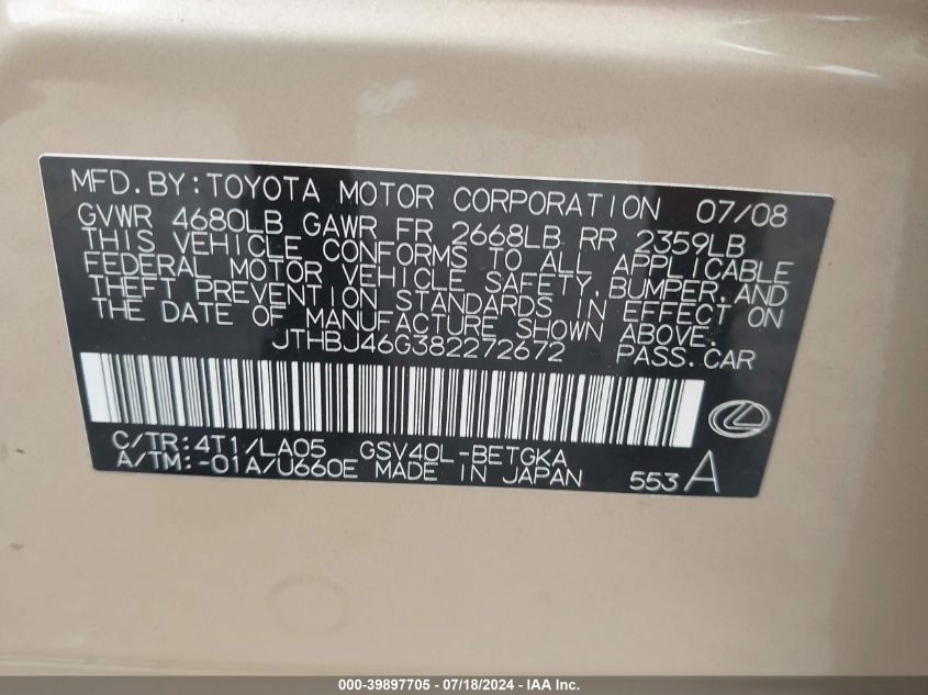 2008 Lexus Es 350 VIN: JTHBJ46G382272672 Lot: 39897705