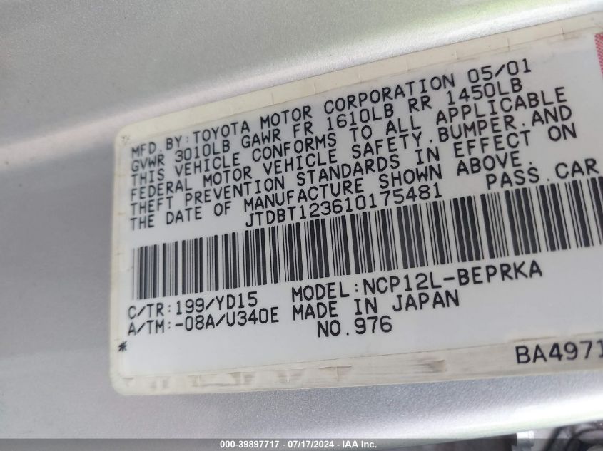 2001 Toyota Echo VIN: JTDBT123610175481 Lot: 39897717