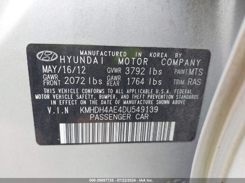 2013 Hyundai Elantra Limited VIN: KMHDH4AE4DU549139 Lot: 39897725