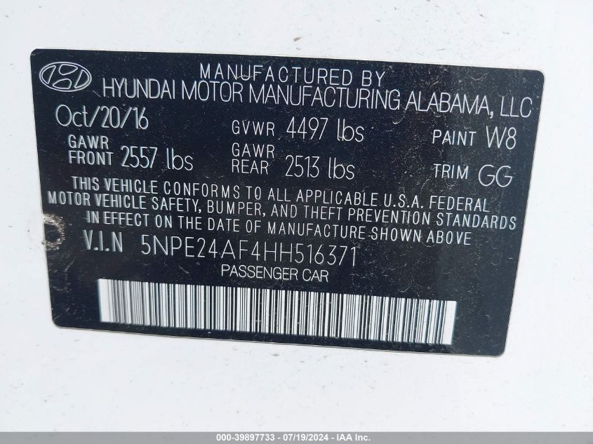 2017 Hyundai Sonata VIN: 5NPE24AF4HH516371 Lot: 39897733