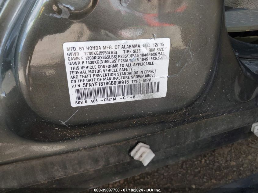 2006 Honda Pilot Ex-L VIN: 5FNYF18786B008916 Lot: 39897750