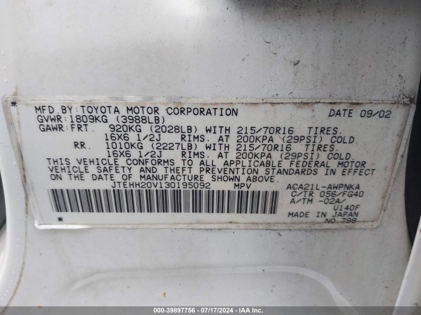 2003 Toyota Rav4 VIN: JTEHH20V130195092 Lot: 39897756