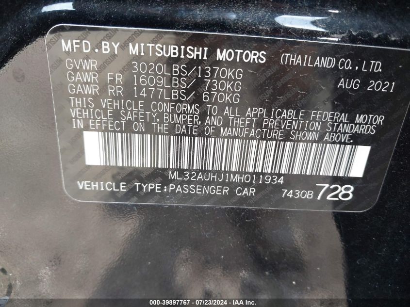 2021 Mitsubishi Mirage Es/Le/Carbonite Edition VIN: ML32AUHJ1MH011934 Lot: 39897767