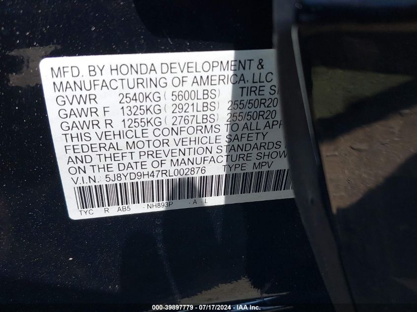 2024 Acura Mdx Technology Package VIN: 5J8YD9H47RL002876 Lot: 39897779