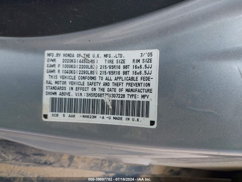 2005 Honda Cr-V Lx VIN: SHSRD68575U307228 Lot: 39897782