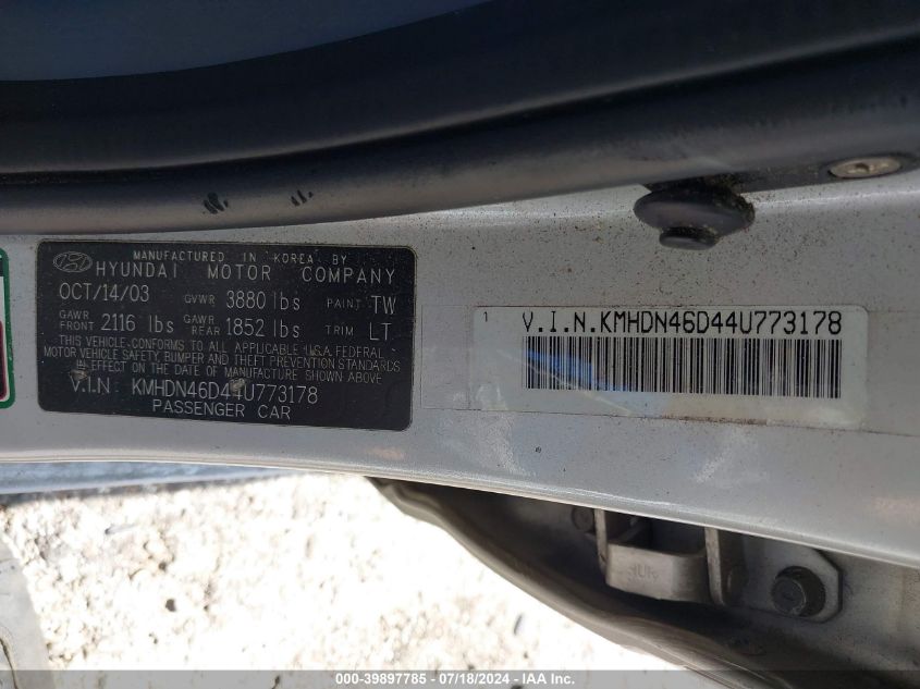 2004 Hyundai Elantra Gls/Gt VIN: KMHDN46D44U773178 Lot: 39897785