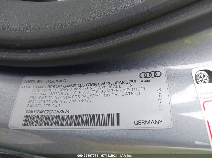 WAUGFAFC2GN163974 2016 Audi A6 2.0T Premium Plus