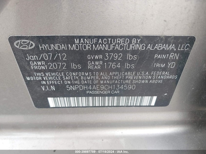 2012 Hyundai Elantra Gls/Limited VIN: 5NPDH4AE9CH134590 Lot: 39897789