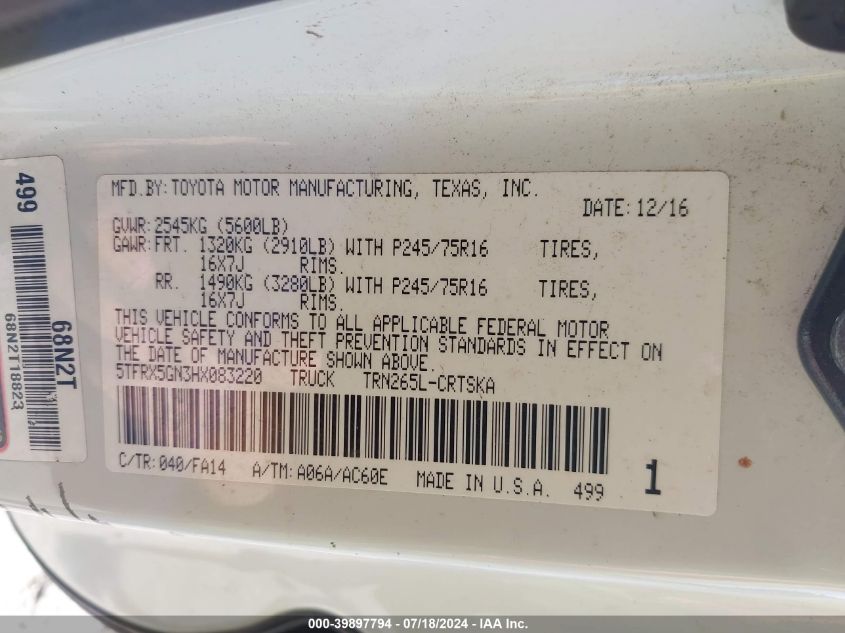 2017 Toyota Tacoma Access Cab/Sr/Sr5 VIN: 5TFRX5GN3HX083220 Lot: 39897794